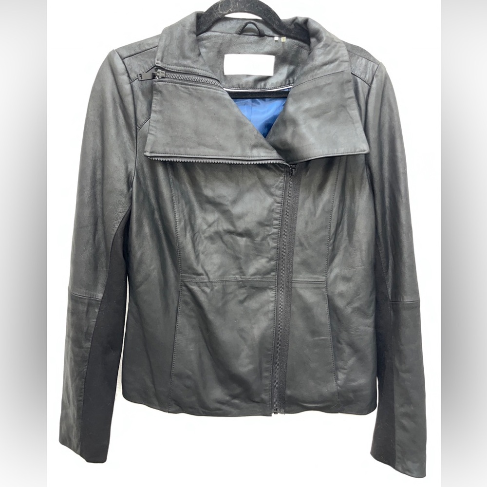 T Tahari Black Leather Angelina Z Double Zip Collar Moto Jacket Medium - Picture 16 of 16